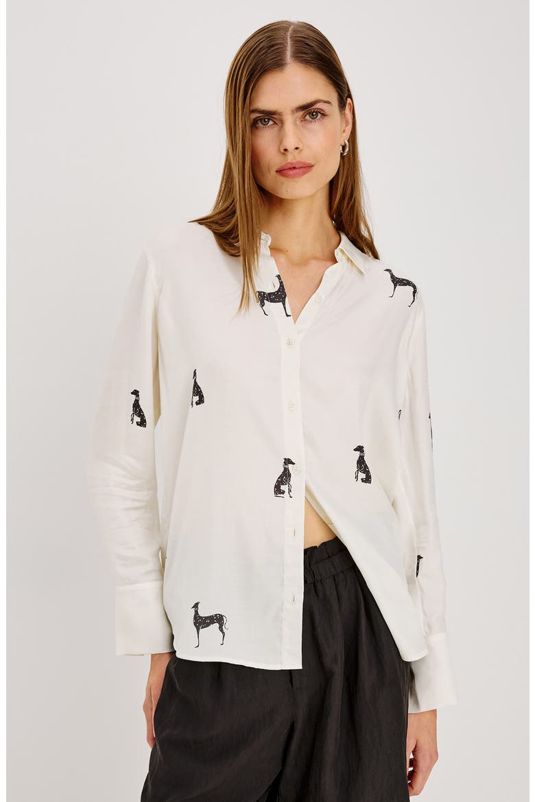 Saige Whippet Print Button Up Shirt, Alternate, color, IVORY WHIPPETS