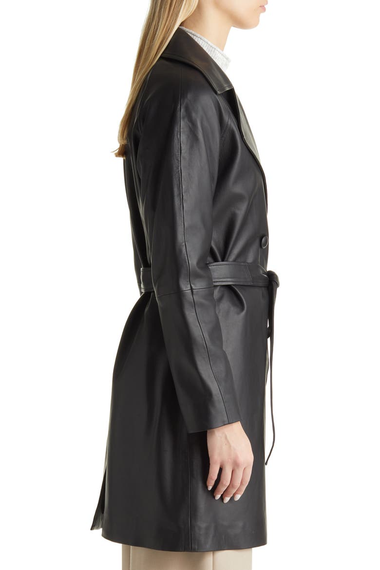 Double Breasted Leather Trench Coat, Alternate, color, BLACK