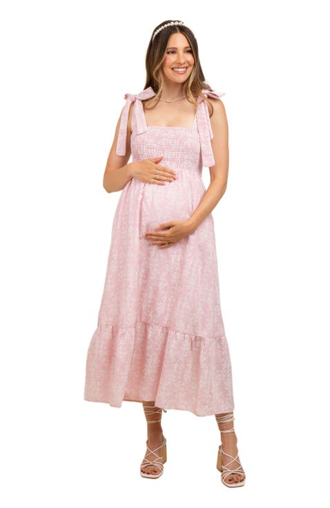 Floral Smocked Shoulder Tie Midi Dress