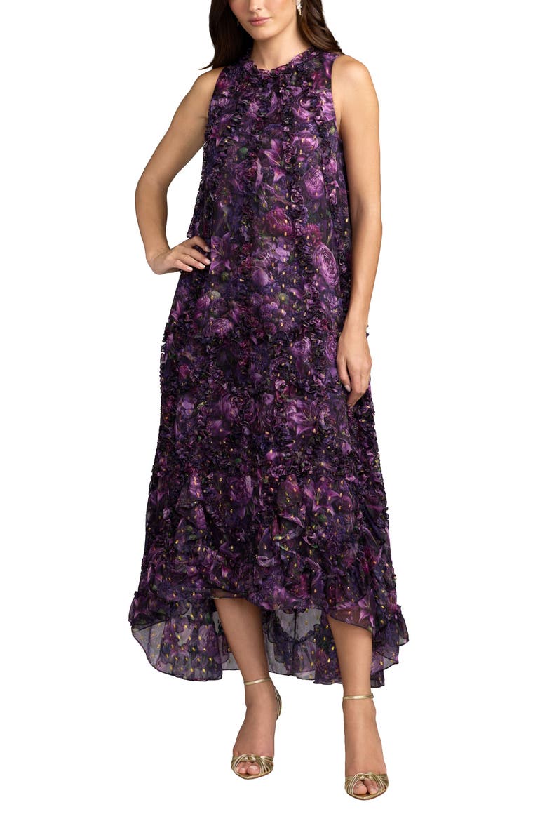 Sleeveless Floral Print Chiffon Micro Ruffle Gown, Main, color, Purple Multi