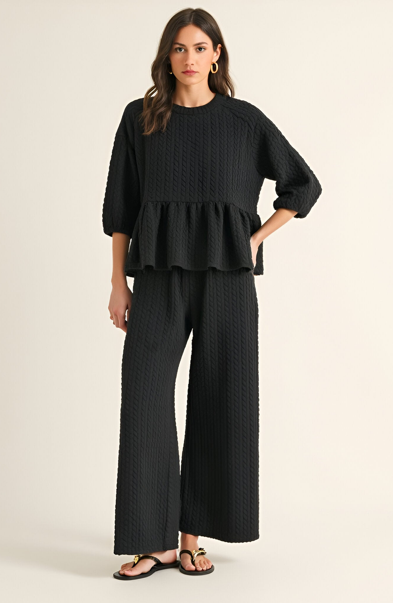 Modenaire Textured Peplum Top and Wide-Leg Pant Set with Relaxed Silhouette, Main, color, 