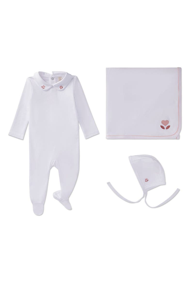 3 Piece Baby Girls Cotton Footie Set with Peter Pan Collar and Embroidered Hearts, Main, color, Winter White