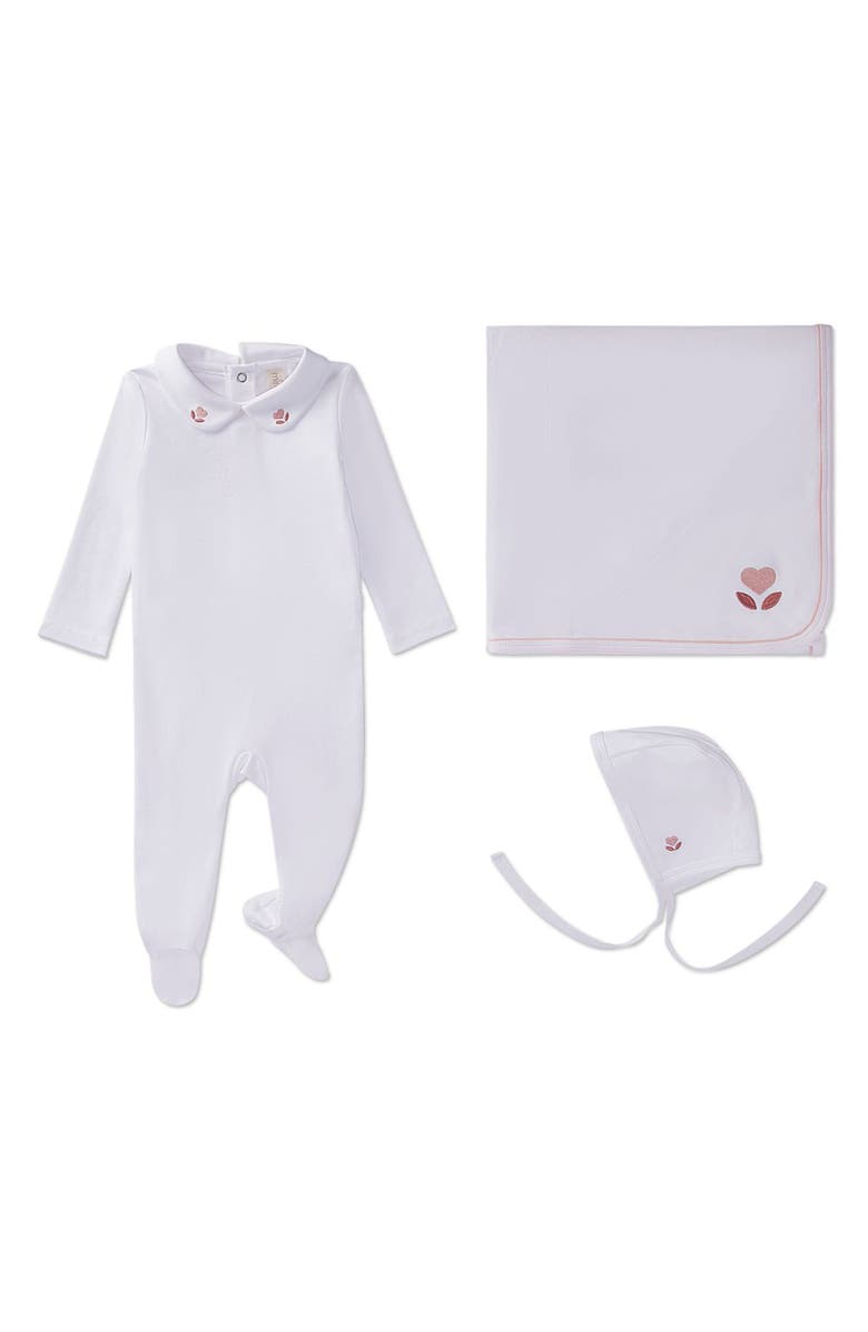 MiniMoi 3 Piece Baby Girls Cotton Footie Set with Peter Pan Collar and Embroidered Hearts, Main, color, Winter White
