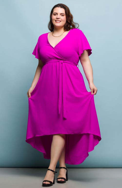 24seven Comfort Apparel Plus Size V-neck Belted Faux Wrap High Low Dress