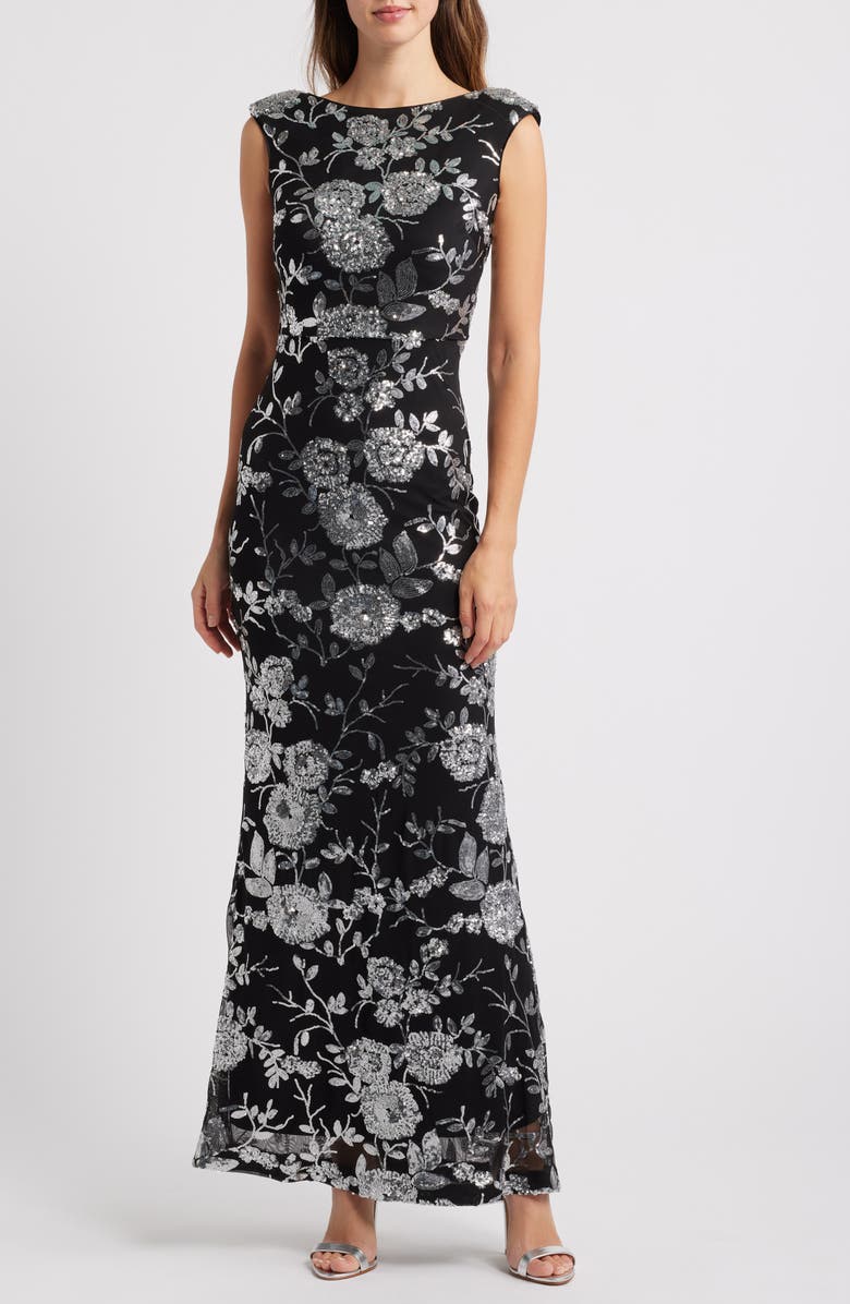 Eliza J Sequin Floral Sheath Gown, Main, color,