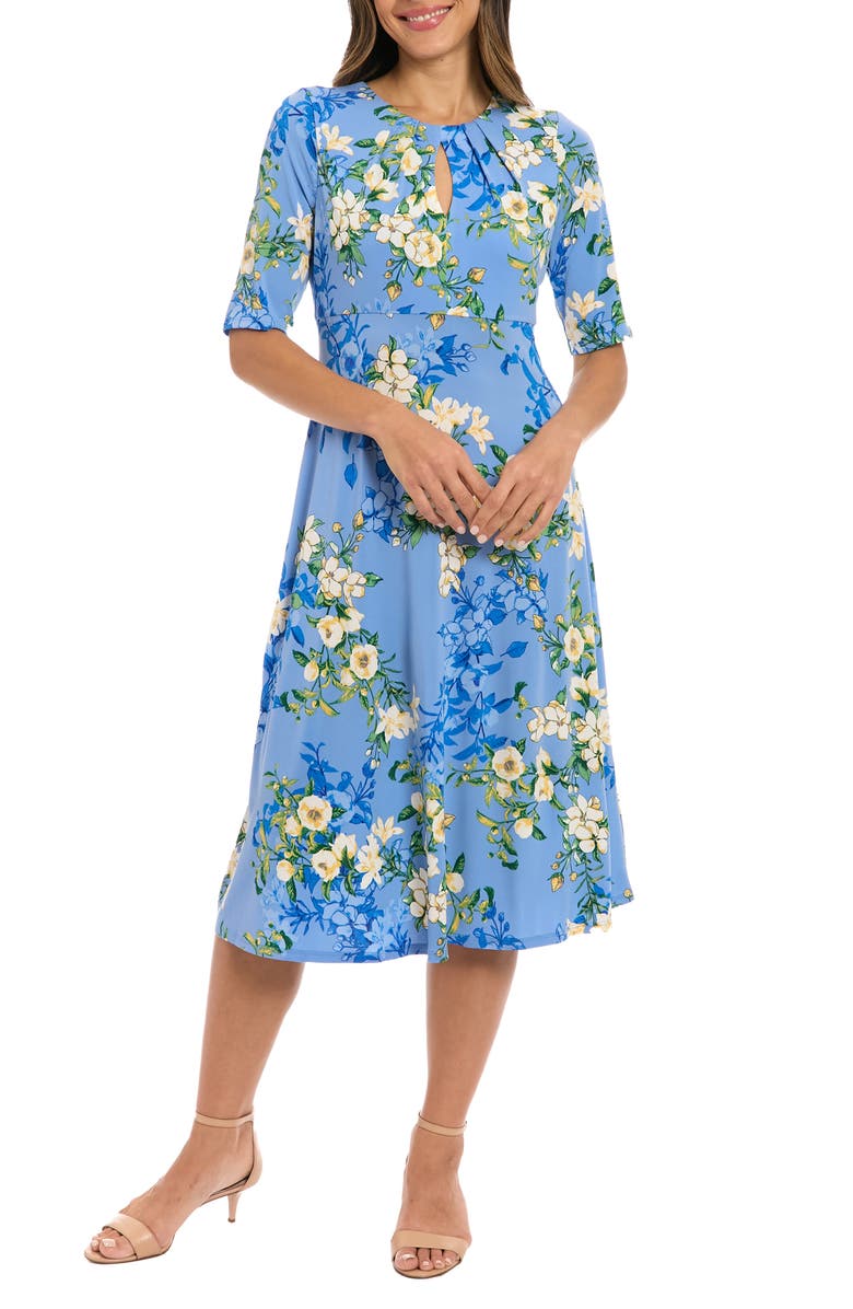 London Times Floral Keyhole Short Sleeve Midi Dress, Main, color,