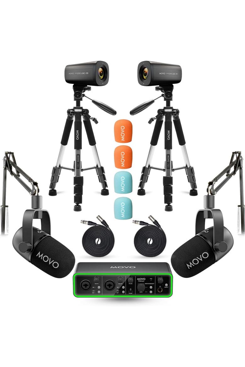 Two Person Video Podcast Equipment Bundle with Two 4K Cameras, USB Audio Interface, 2 XLR Dynamic Microphones, 2 Tripods, and 2 Boom Arms, Main, color, Black