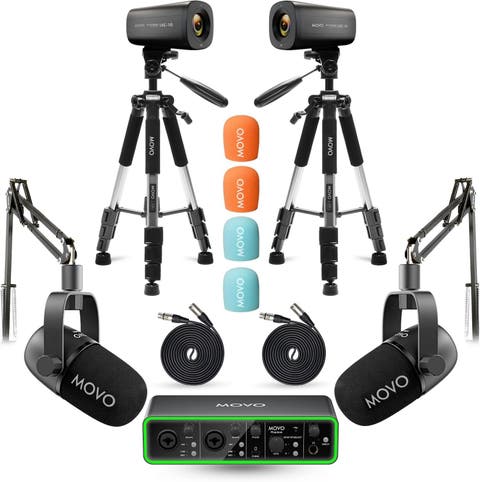 Two Person Video Podcast Equipment Bundle with Two 4K Cameras, USB Audio Interface, 2 XLR Dynamic Microphones, 2 Tripods, and 2 Boom Arms