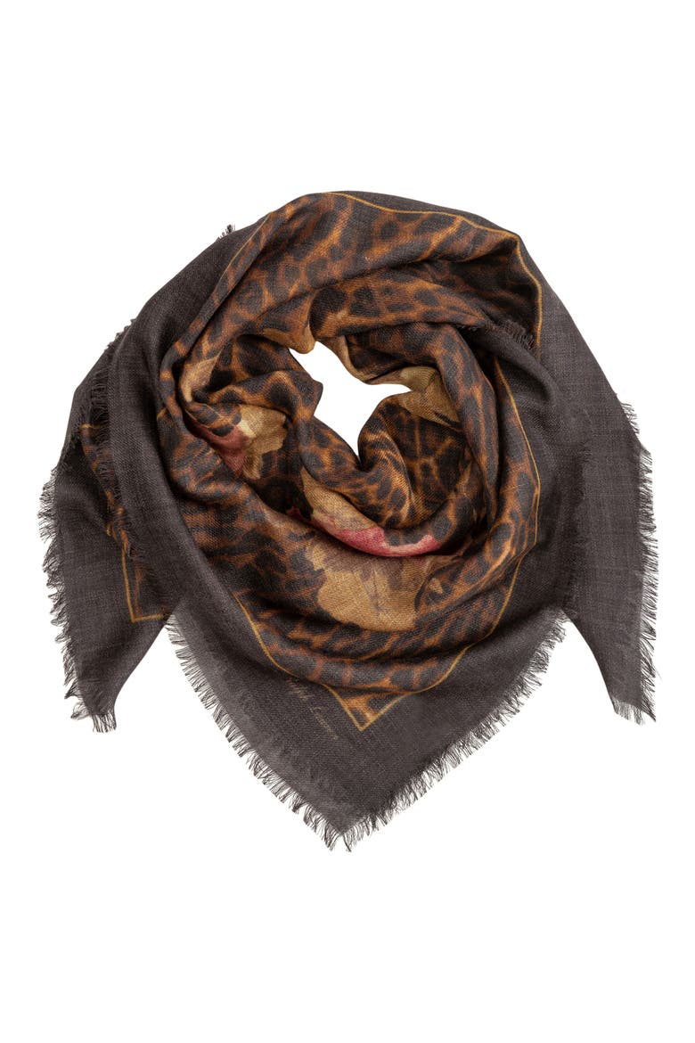 Floral Leopard Wool Square Scarf, Main, color, CIRCUIT BROWN