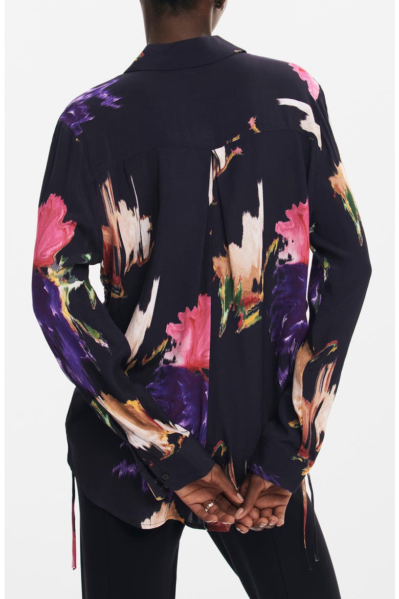 Nagoya Print Ruched Button-Up Shirt, Alternate, color, BLACK