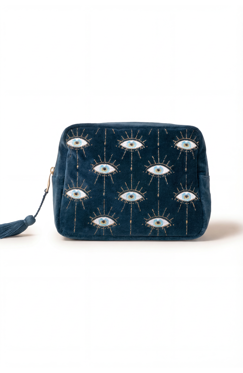 Elizabeth Scarlett Mystical Eye Velvet Wash Bag, Main, color, Ink Blue