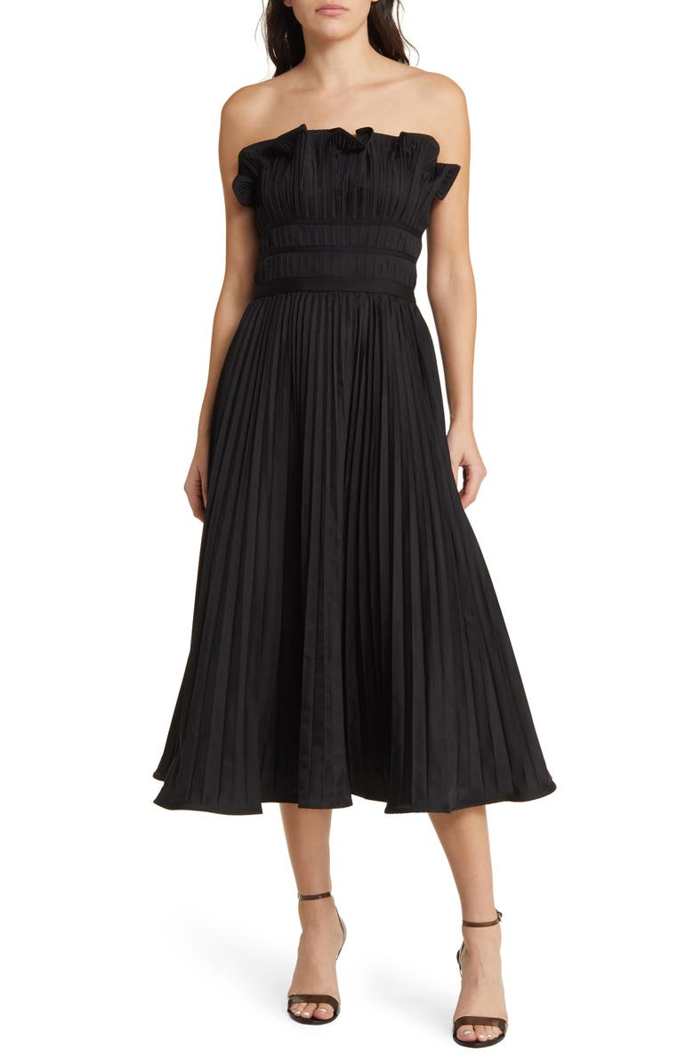 MOON RIVER Strapless Pleated Midi Dress, Main, color, 