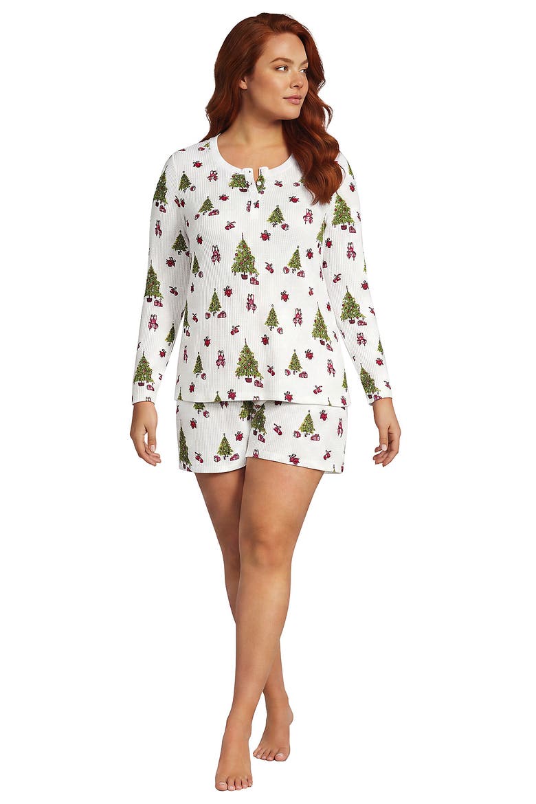Brushed Cozy Waffle 2 Piece Pajama Set - Long Sleeve Top and Shorts, Main, color, Holiday Trees/Ivory