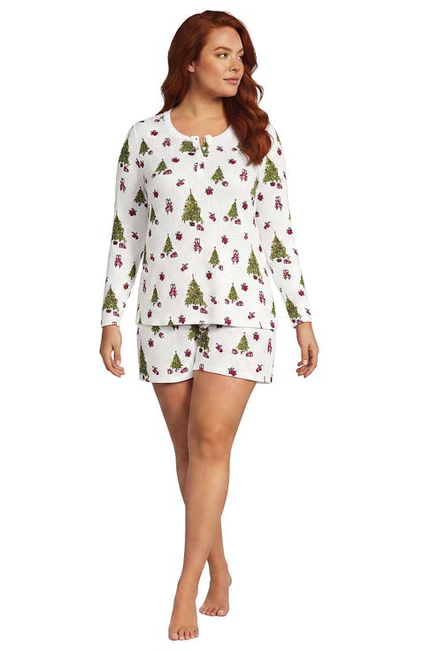 Brushed Cozy Waffle 2 Piece Pajama Set - Long Sleeve Top and Shorts
