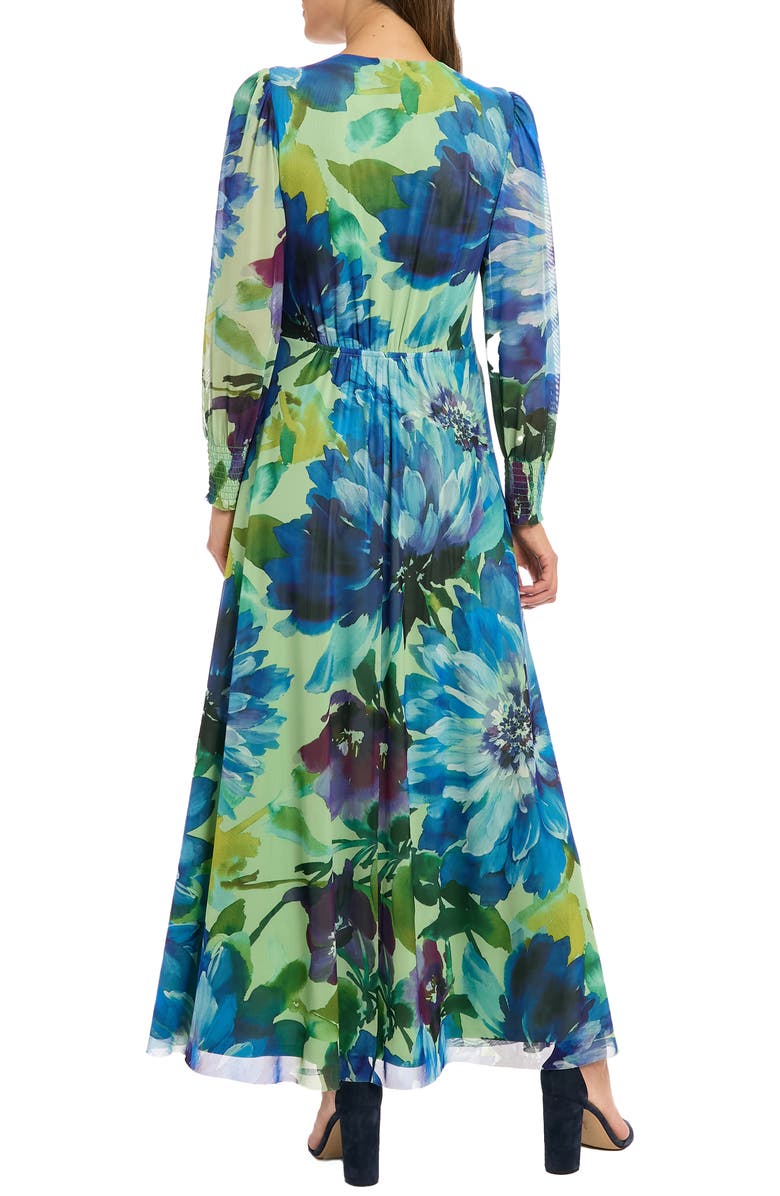 London Times Floral Long Sleeve Mesh Faux Wrap Maxi Dress, Alternate, color, Sage/ Blue