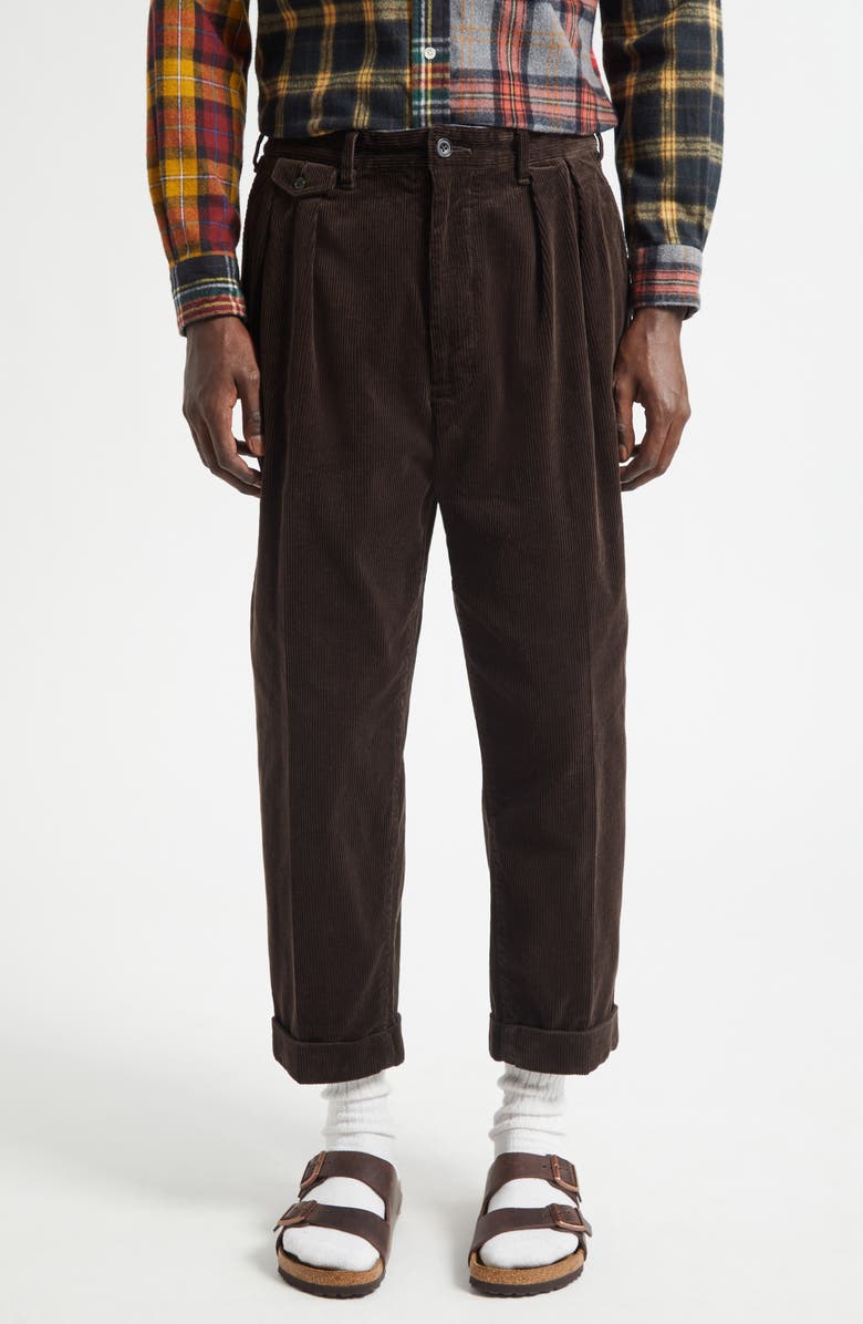 BEAMS Pleated Corduroy Tapered Leg Pants, Main, color, Dark Brown