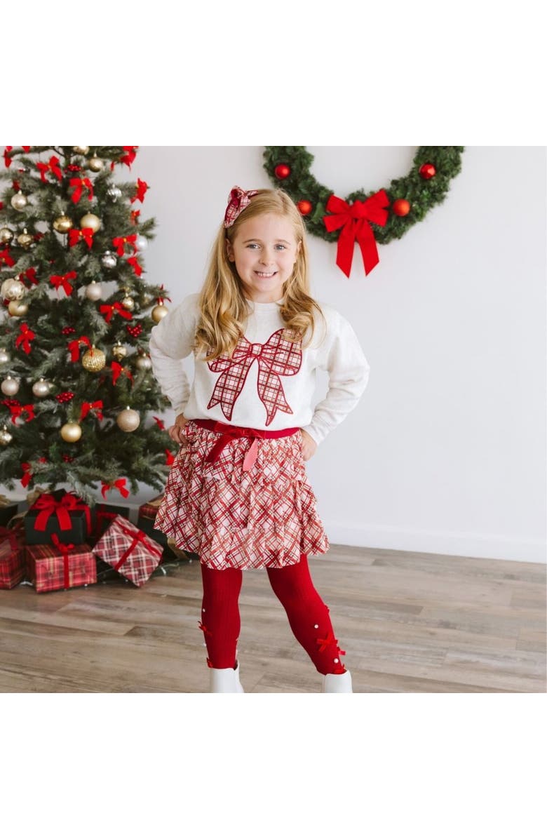 Sweet Wink Christmas Plaid Bow Patch Sweatshirt, Alternate, color, Natural