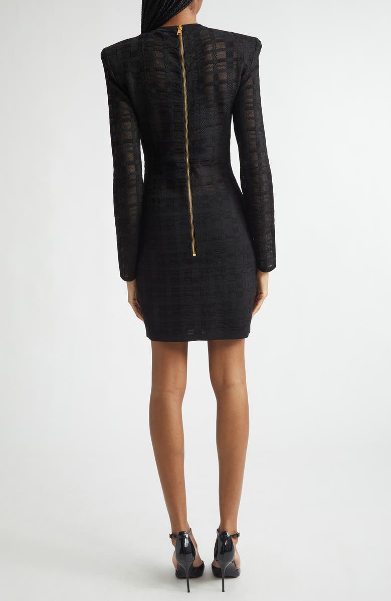 Balmain Tartan Tattoo Embellished Long Sleeve Minidress, Alternate, color, 0Pa Black