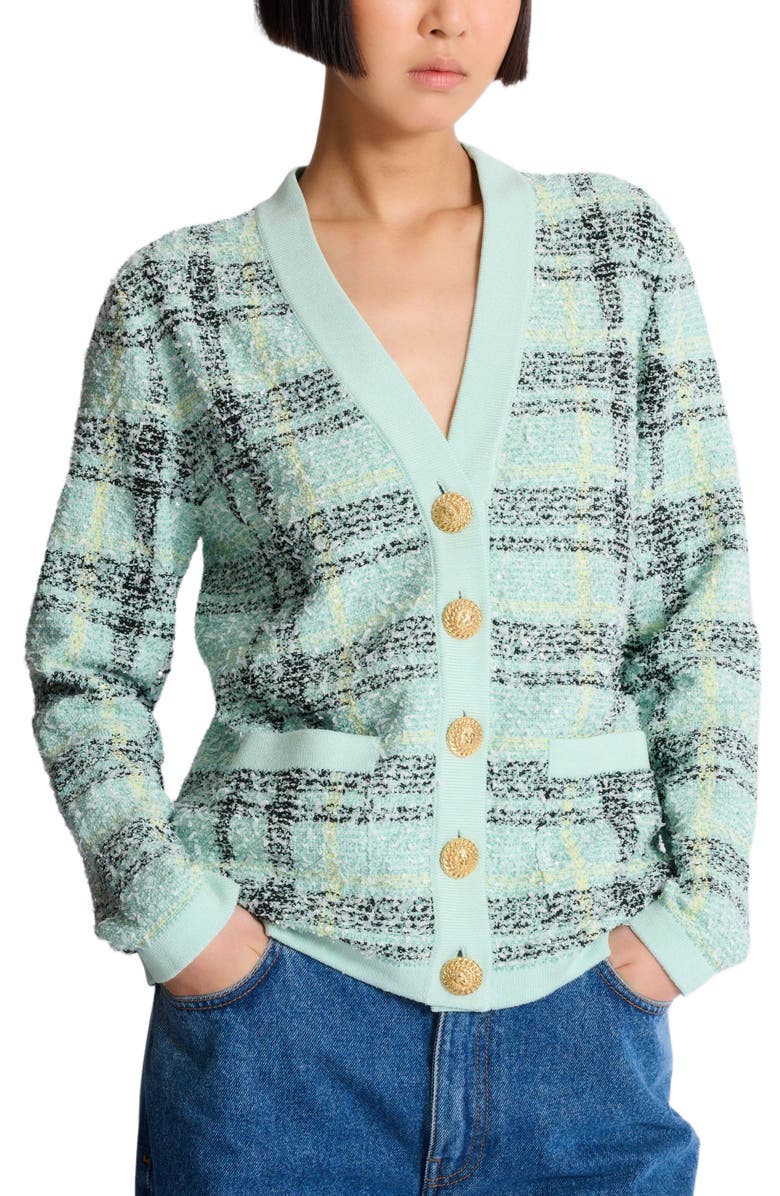 Balmain Loose glitter tweed cardigan, Alternate, color, Green