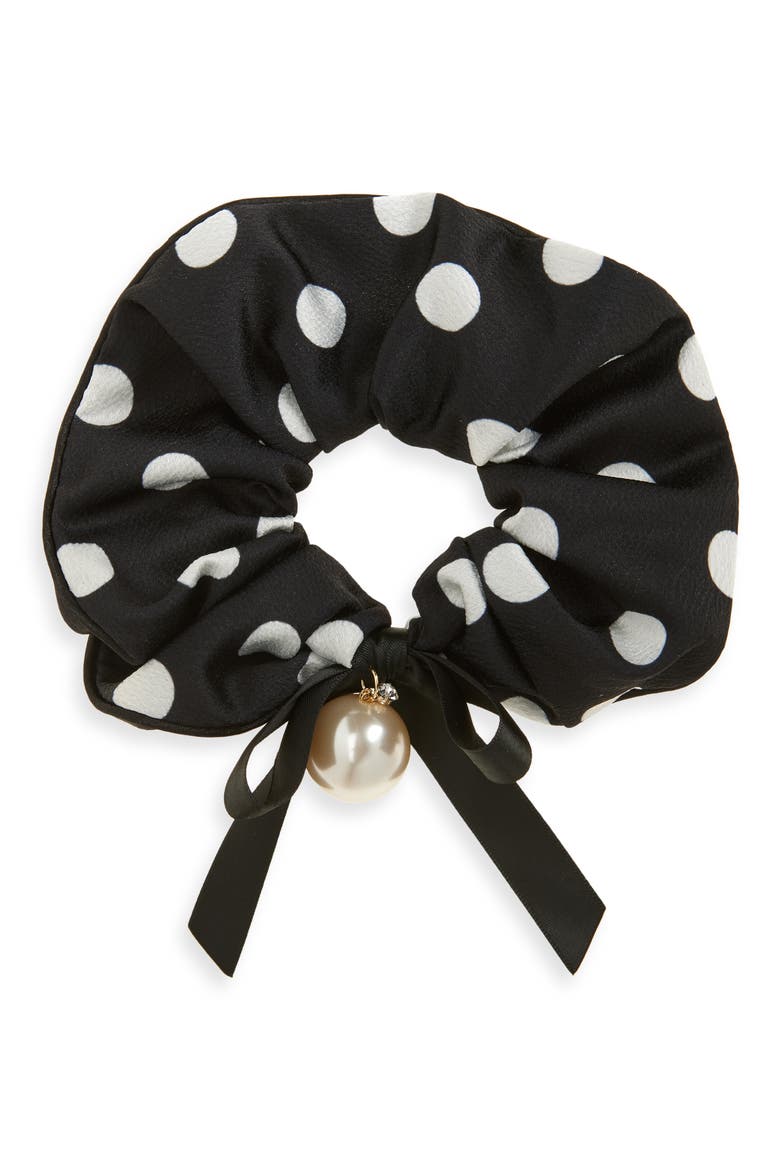 Polka Dot Hammered Satin Scrunchie, Main, color, BLACK