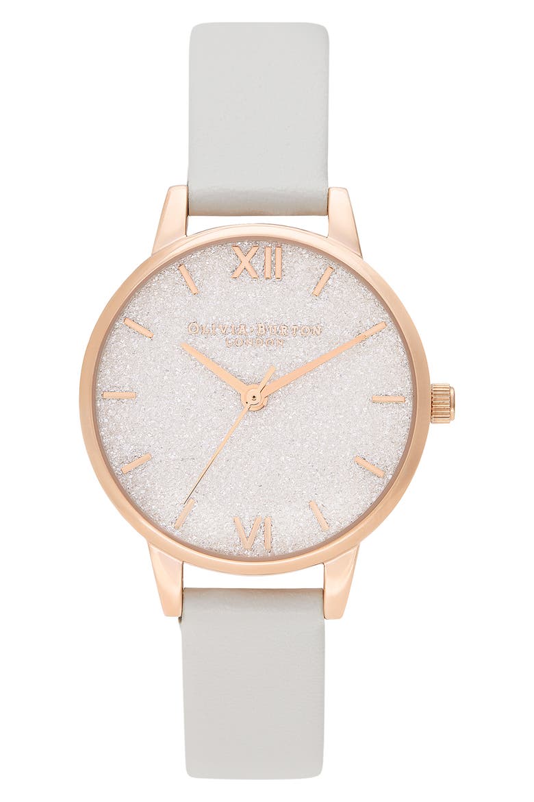 Glitter Dial Eco Faux Leather Strap Watch, 34mm, Main, color, BLUSH/ GLITTER/ ROSE GOLD