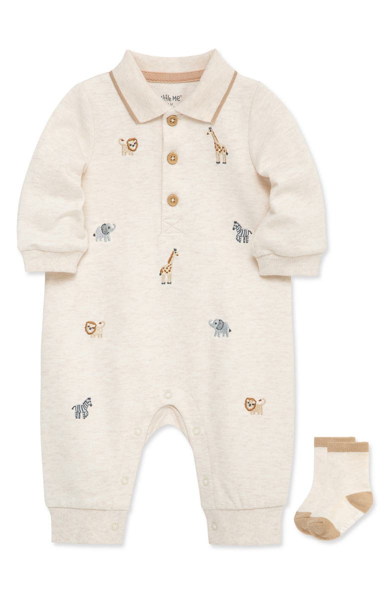 Little Me Safari Polo Romper & Socks Set, Alternate, color, 
