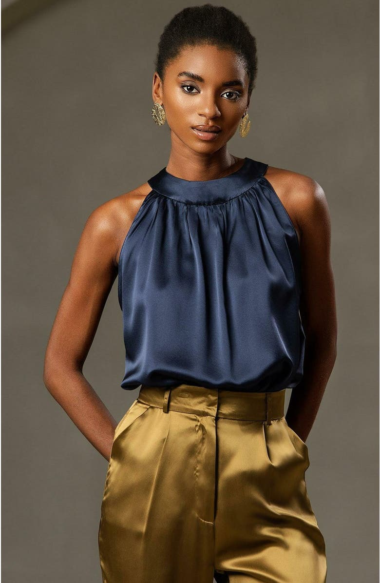 SILKSILKY 19Momme Silk Elegant Halter Off Shoulder Top, Alternate, color, 