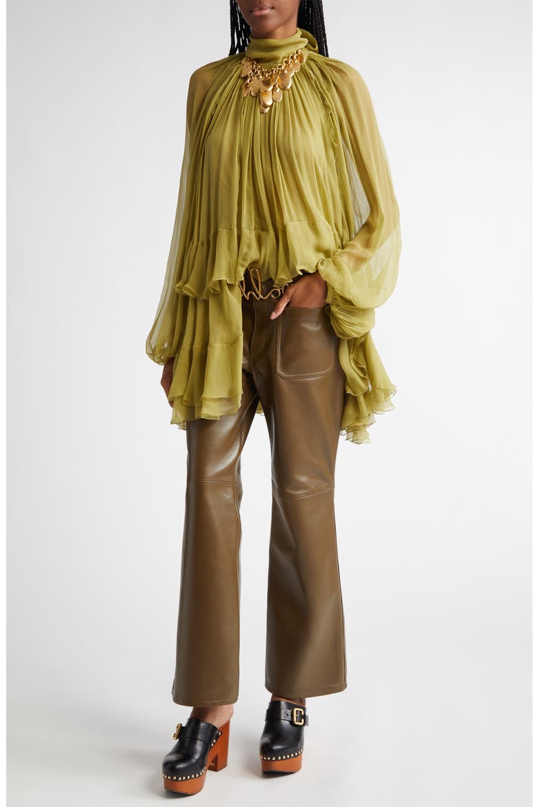 Tiered Ruffle Semisheer Long Sleeve Silk Top, Alternate, color, DESERTED FOREST