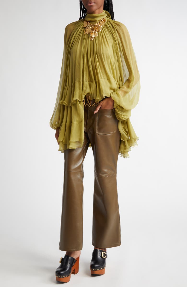 Tiered Ruffle Semisheer Long Sleeve Silk Top