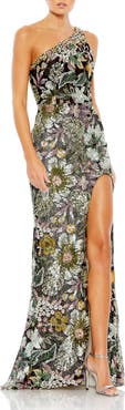Mac Duggal Embellished Floral One Shoulder Gown