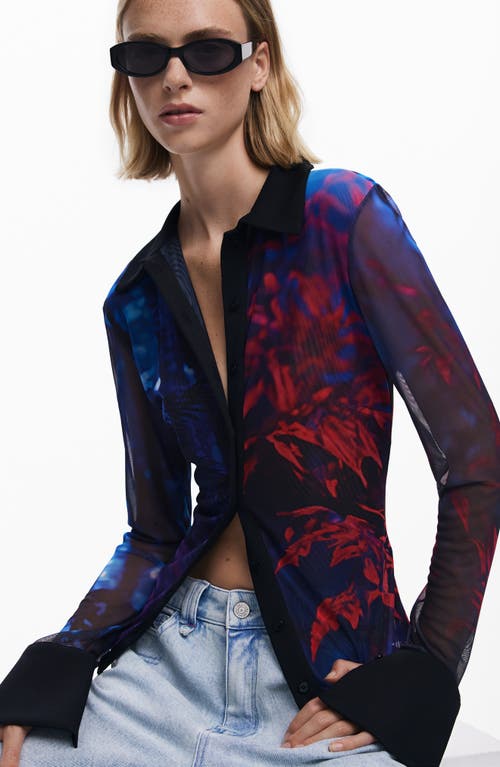 Desigual Rib Trim Mesh Button-up Shirt In Blue