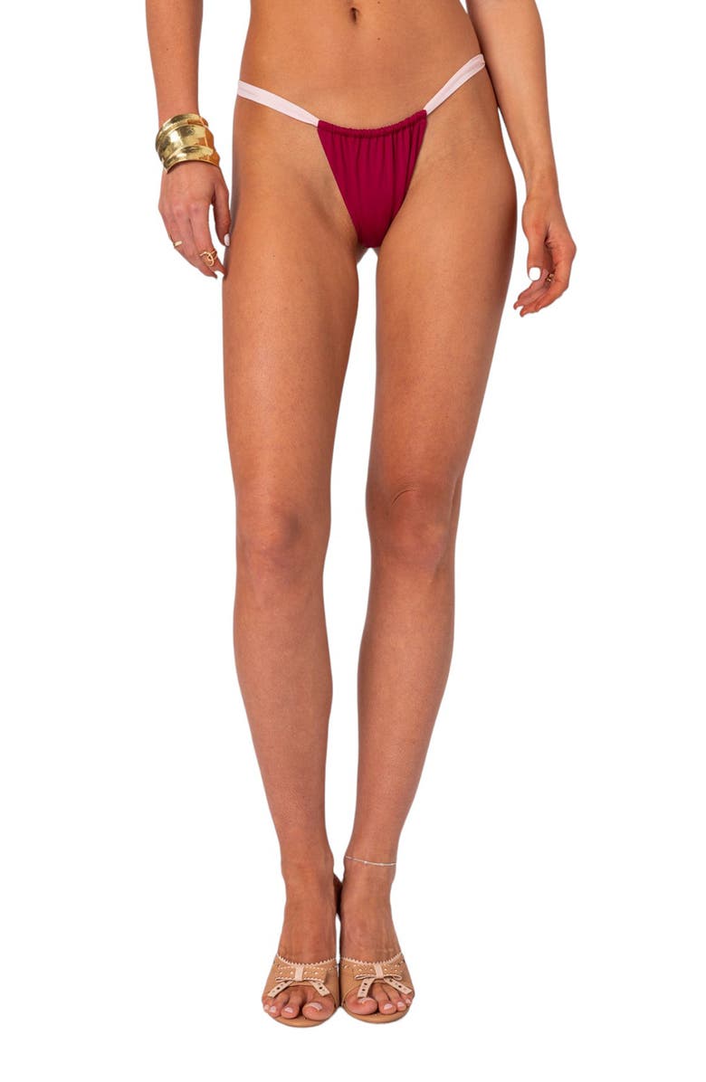 EDIKTED Leanna Contrast String Bikini Bottoms, Main, color, Burgundy
