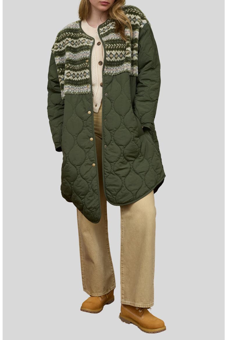 Plush Fleece Quilted Long Jacket, Main, color, OLIVE