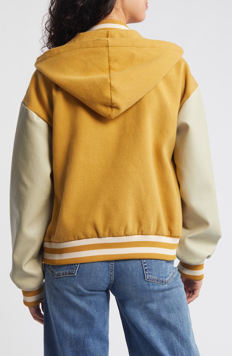 Steve Madden Finn Hooded Faux Leather Sleeve Twill Bomber Jacket, Alternate, color, 