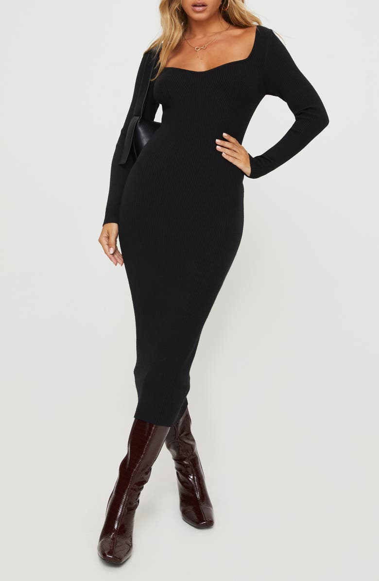 Princess Polly Kaseem Directional Rib Long Sleeve Sweater Midi Dress, Main, color, 