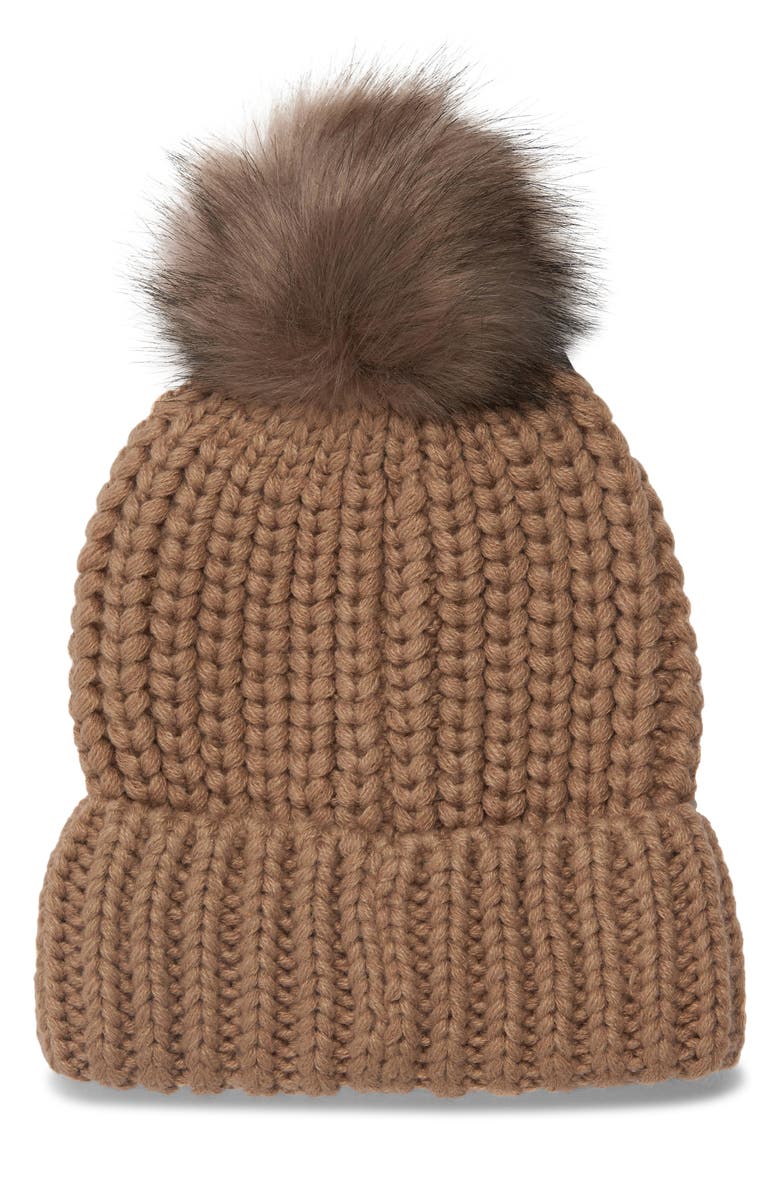 Barbour Saltburn Knit Beanie with Faux Fur Pom, Alternate, color, Mink