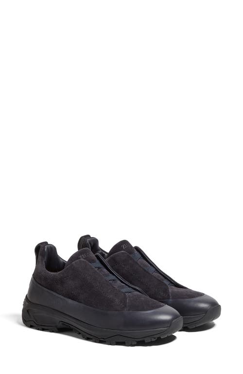 Zegna Navy Blue Leather And Suede Triple Stitch Monte Sneakers In Blue