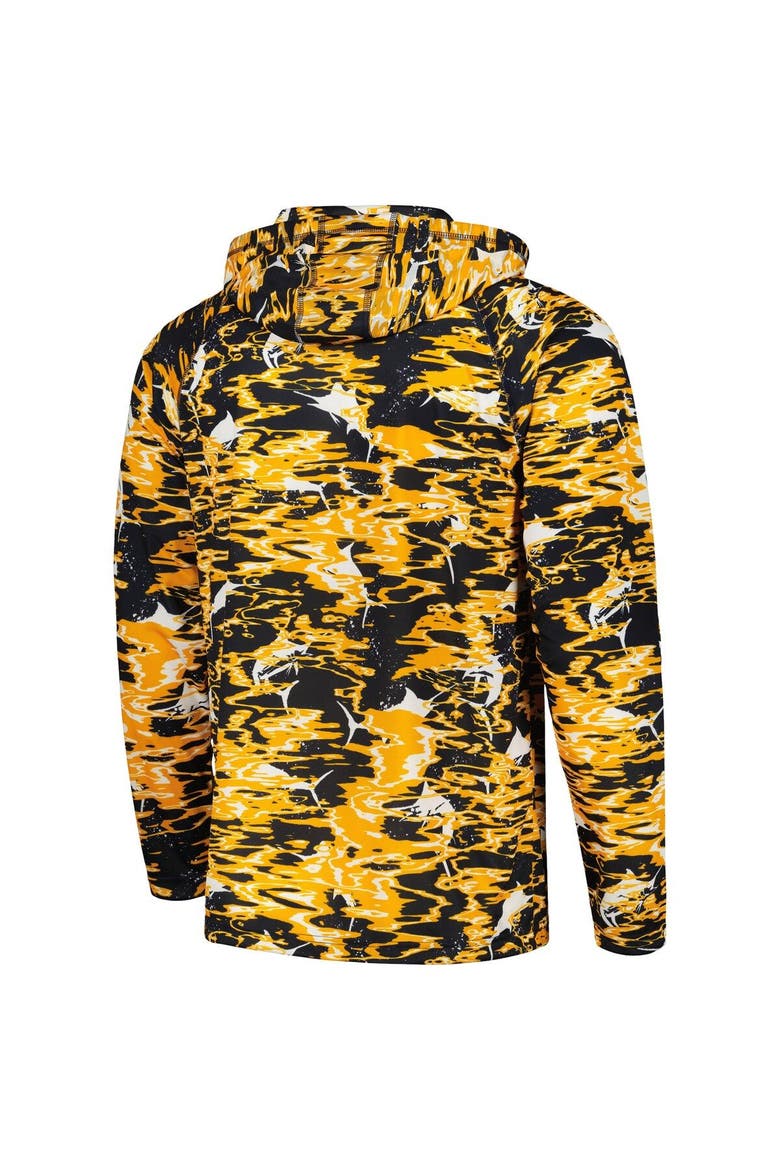 Men's Columbia Navy West Virginia Mountaineers PFG Terminal Tackle Omni-Shade Rippled Long Sleeve Hooded T-Shirt, Alternate, color, Navy