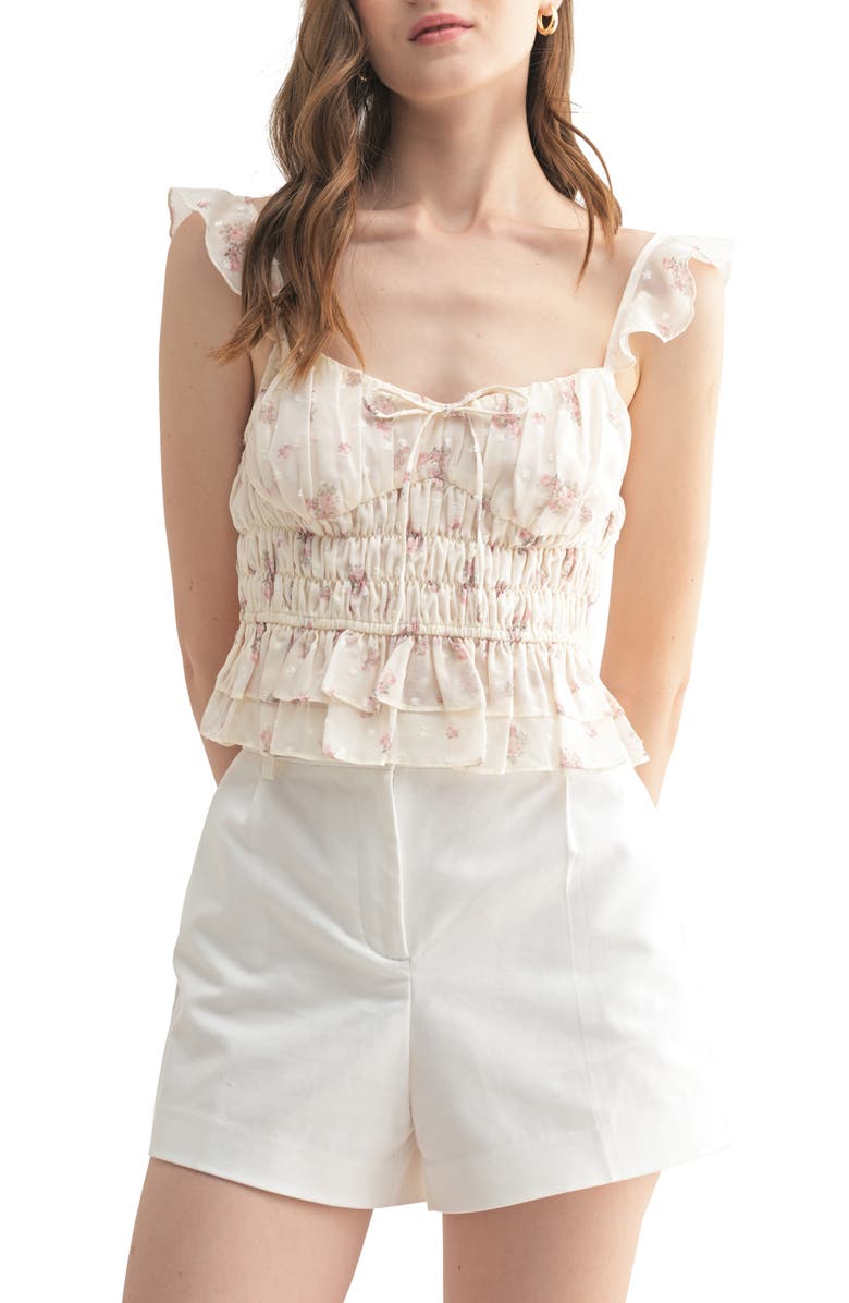 All in Favor Floral Swiss Dot Ruffle Detail Camisole, Main, color, Cream Mauve