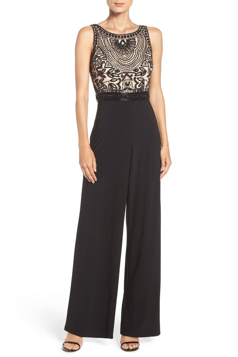 Embellished Mesh & Jersey Jumpsuit, Main, color, BLACK NUDE