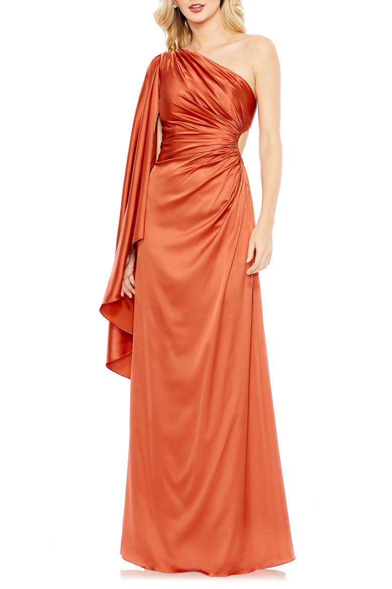 Drape Sleeve One-Shoulder Satin A-Line Gown, Main, color, RUST