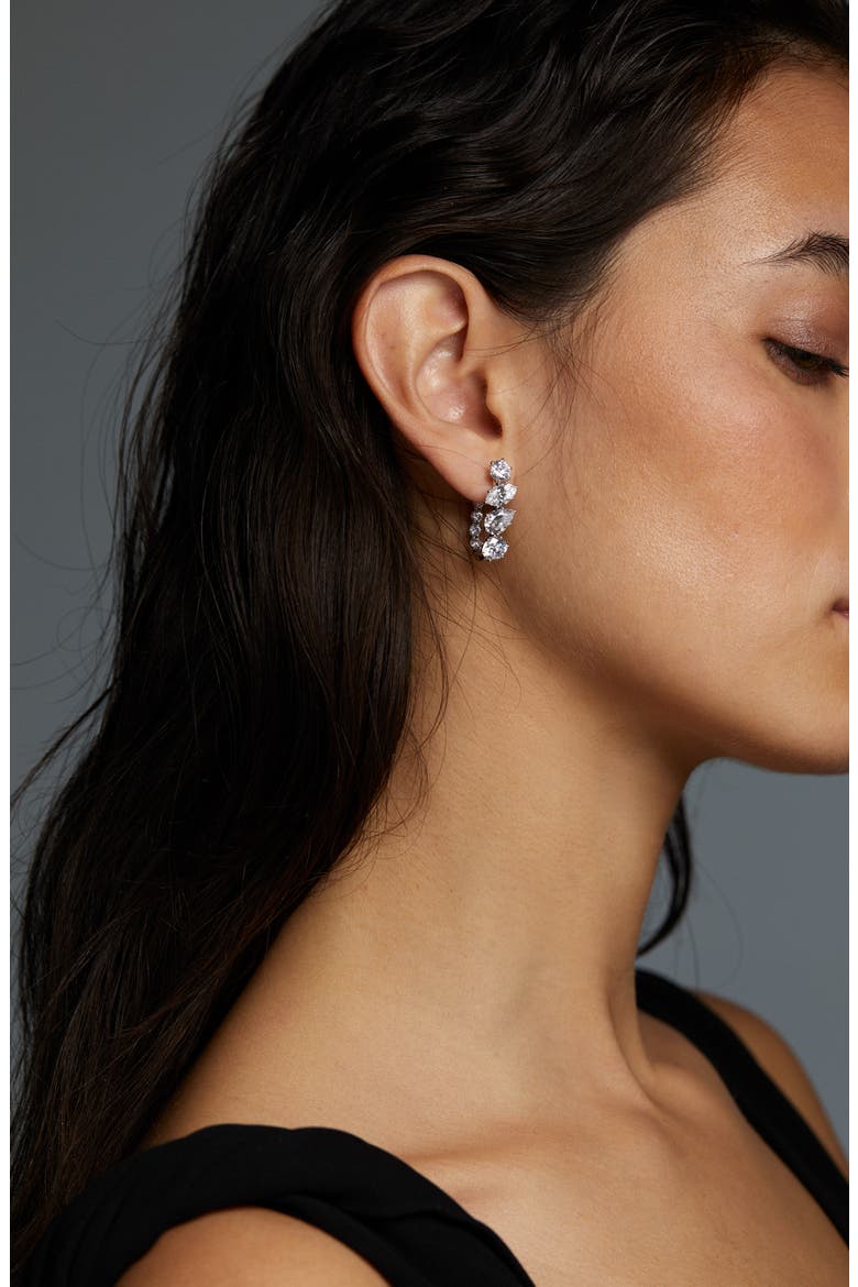 Beatrix Mixed Cubic Zirconia U-Shaped Hoop Earrings, Alternate, color, RHODIUM