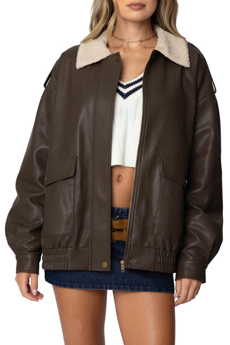 Ann Oversize Faux Leather Jacket with Faux Shearling Collar, Main, color, BROWN