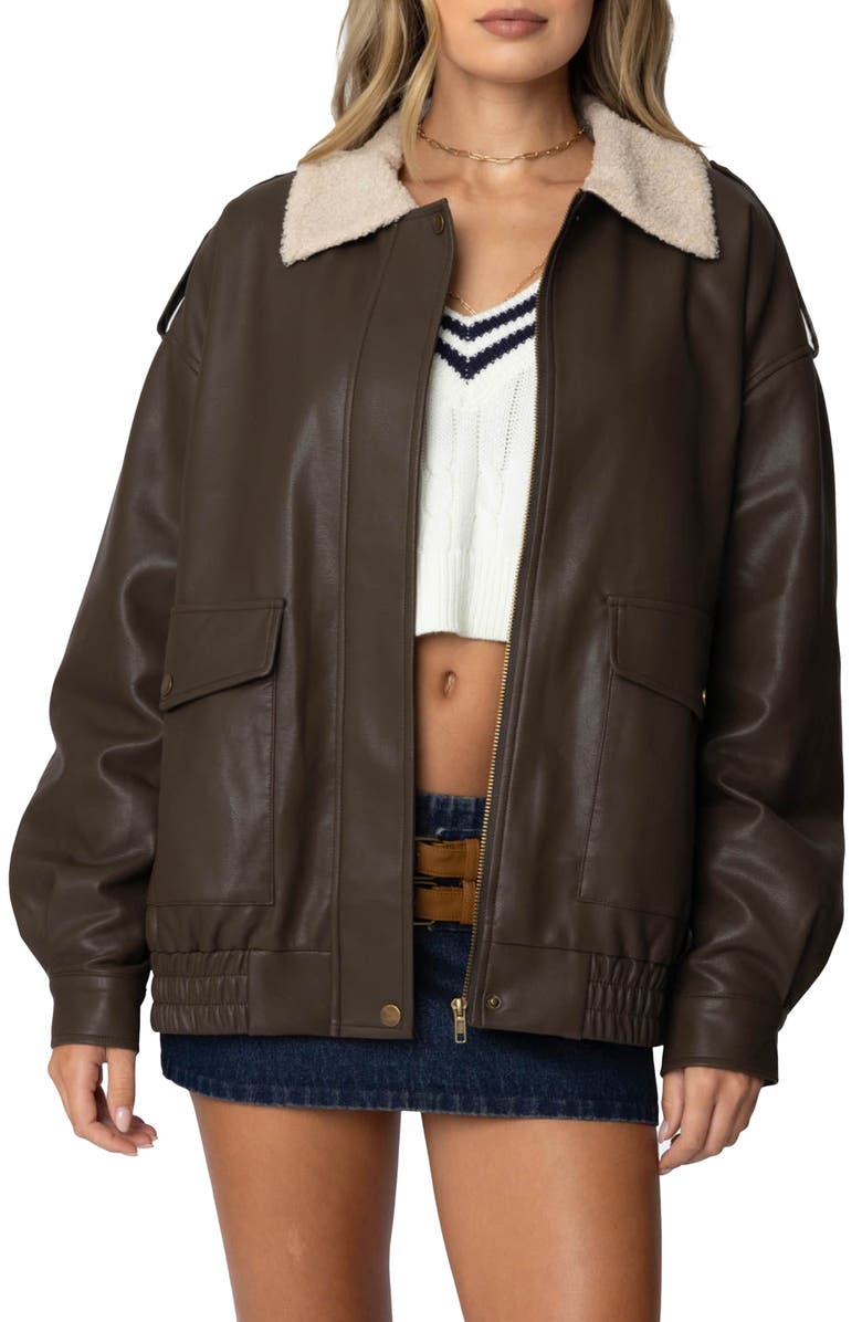 EDIKTED Ann Oversize Faux Leather Jacket with Faux Shearling Collar, Main, color, Brown