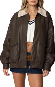 EDIKTED Ann Oversize Faux Leather Jacket with Faux Shearling Collar