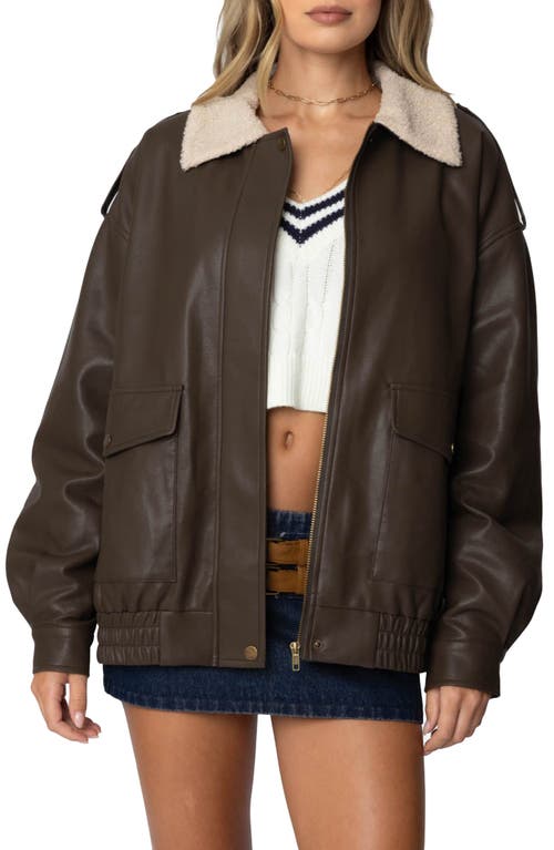Edikted Ann Oversize Faux Leather Jacket With Faux Shearling Collar In Brown