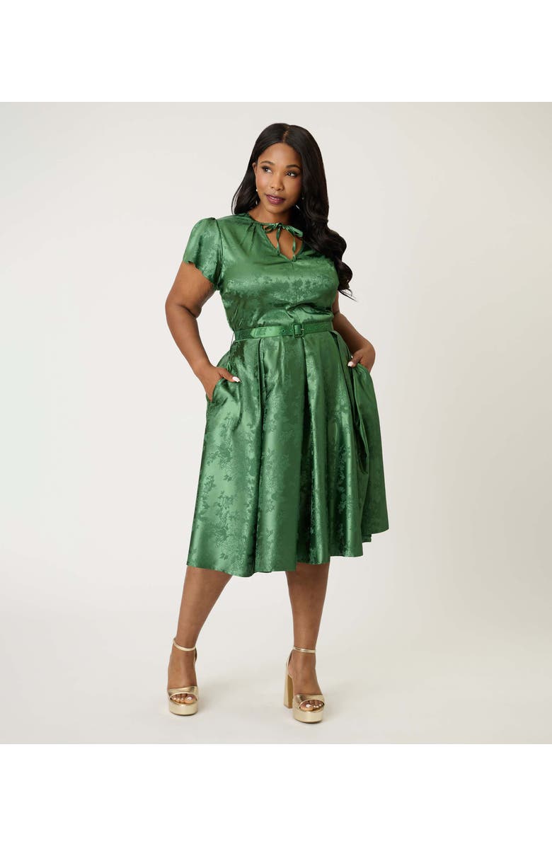 Unique Vintage Plus Size Short Petal Sleeve Tie Neck Dahlia Swing Dress, Alternate, color, Emerald