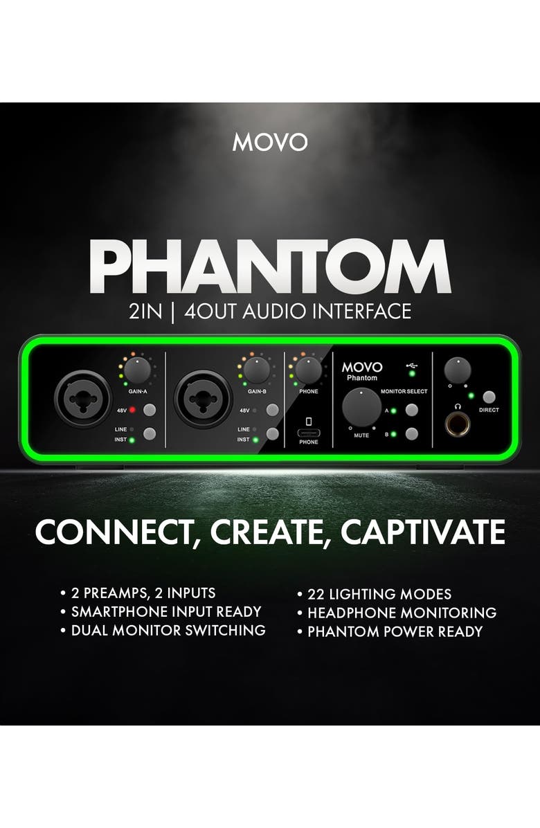 MOVO Phantom Dual Channel USB/USB-C Audio Interface, Alternate, color, Black