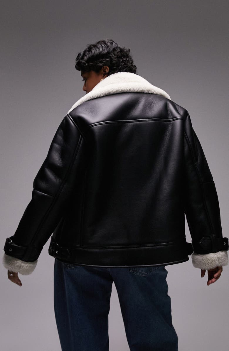 Topshop Curve Faux Leather Aviator Jacket with Faux Shearling Trim, Alternate, color, 