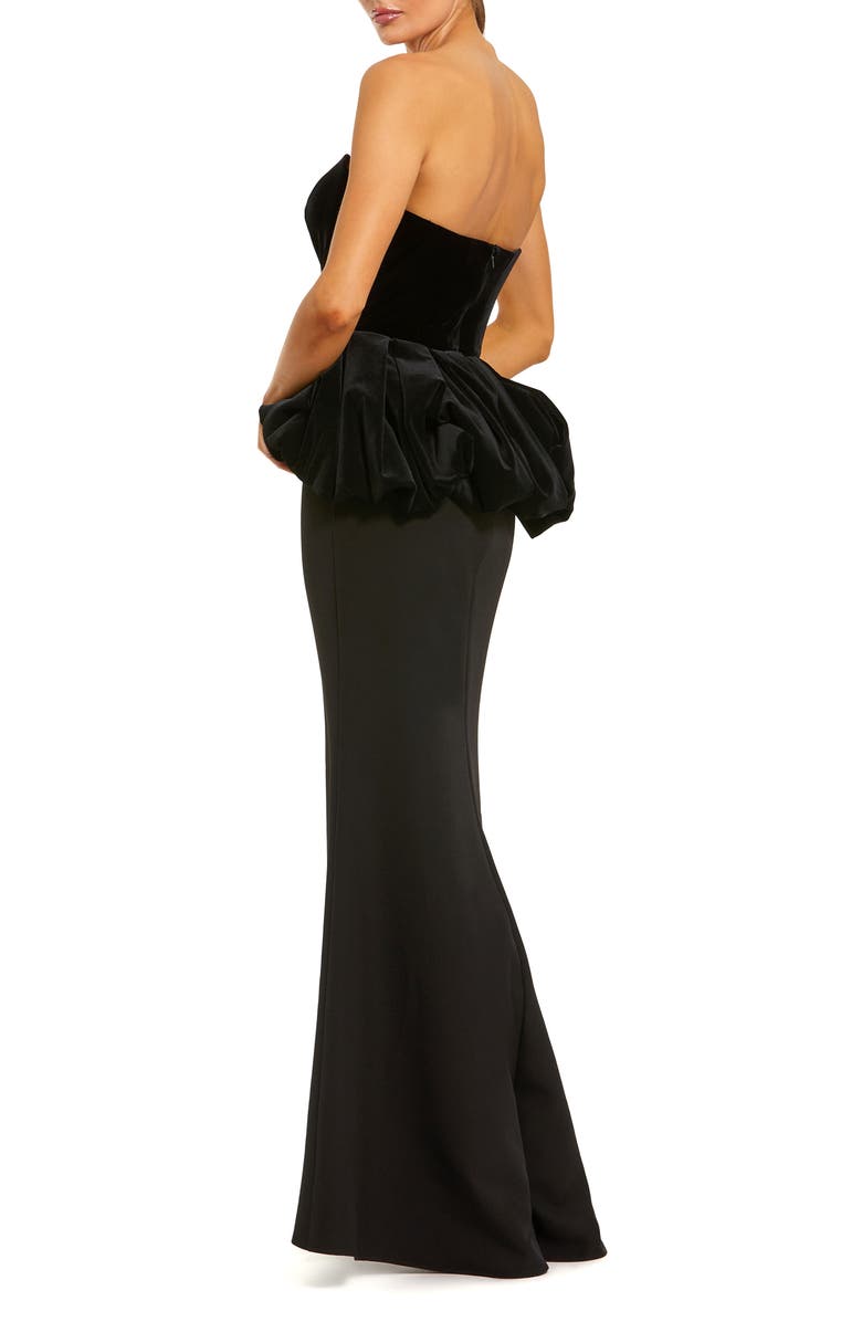 Mac Duggal Strapless Velvet Peplum Top With Crepe Skirt Gown, Alternate, color, Black